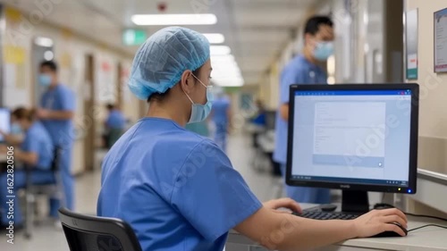 Healthcare female worker using computer systems in busy hospital corridor for patient management.