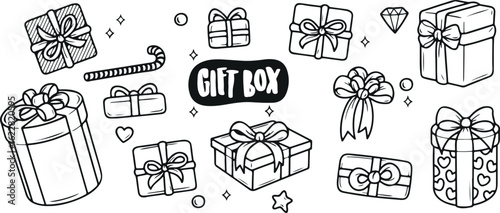 Gift Box Doodle Icon Set – Presents, Wrapping, Surprise, Ribbon, Bow, Celebration, Hand Drawn, Festive, Birthday, Special Day, Holiday Icon, Cute, Minimal, Graphic Vector, Cartoon Style