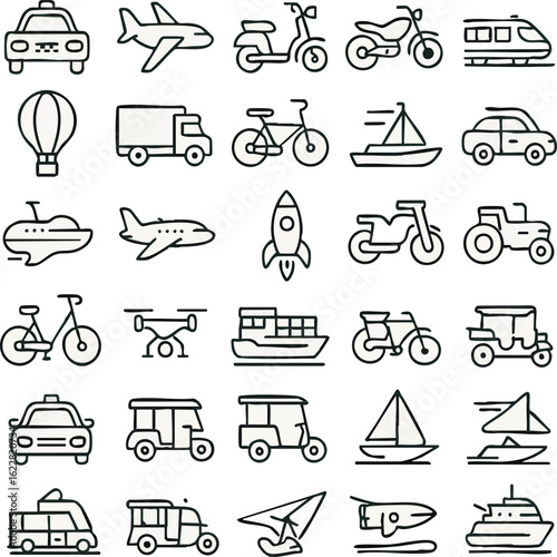 Transportation vehicles icons set line style vector design taxi car boat aeroplane travel transport icons