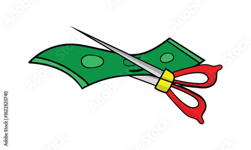 Vector Illustration of Scissors Cutting Money Symbolizing Budget Cut or Financial Crisis