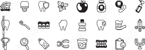 Dental Icons Doodle Set – Tooth, Apple, Mouthwash, Dental Care, Hygiene, Icon, Clean, Dentist, Hand-Drawn, Vector, Doodle, Healthy Teeth, Oral Health, Smile, Freshness, Medical, Care