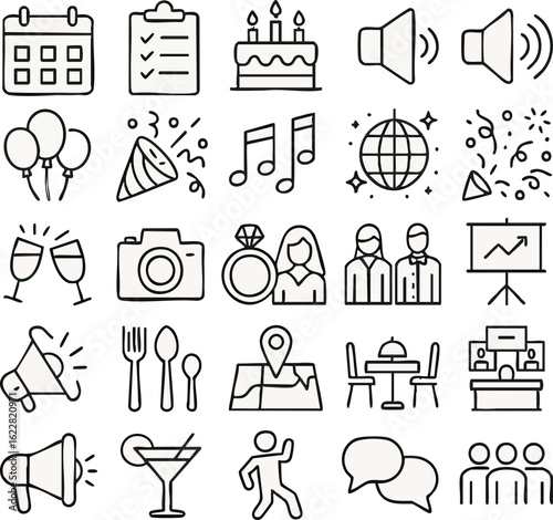Celebration event party birthday wedding business meeting icons set vector illustration