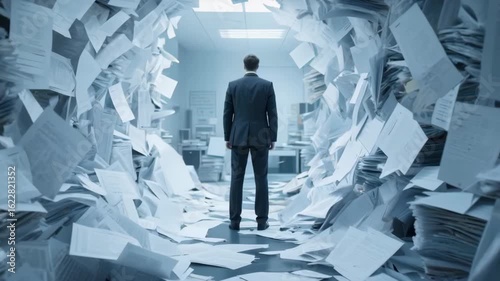 Overwhelmed businessman standing in tunnel of paperwork symbolizing bureaucracy and information overload.