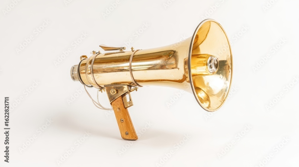 Obraz premium Vintage golden megaphone isolated on white, showcasing classic design details.