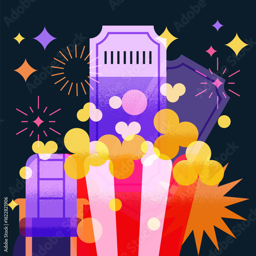 Vector illustration with popcorn, cinema ticket, chair. Design elements for movie night poster, film festival banner