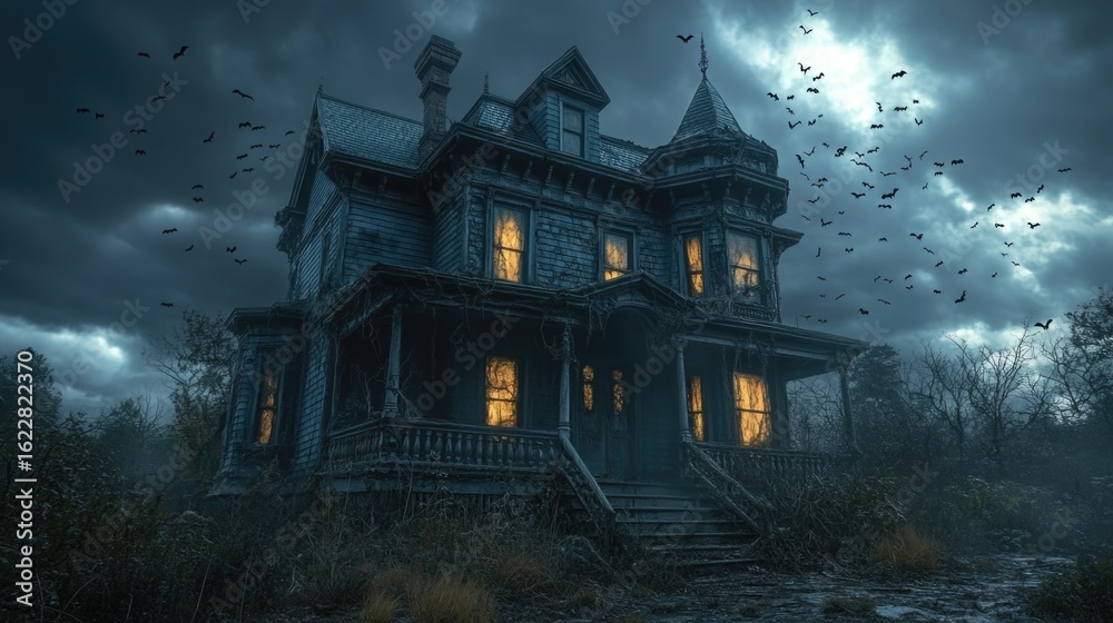 Fototapeta premium Spooky haunted house at night with bats flying under a dark sky. Eerie mansion with glowing windows for Halloween background