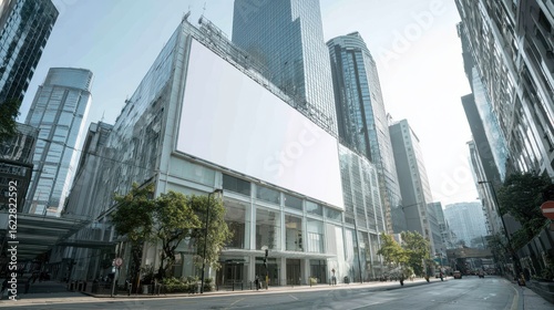 Wide advertising billboard mounted on Hong Kong Central glass office tower, modern city skyline and reflective architecture under sunlight