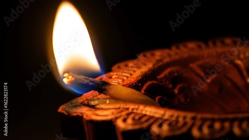 Close Up Shot Of A Lit Oil Lamp With Flame In Dark Background With Warm Orange And Blue Highlights