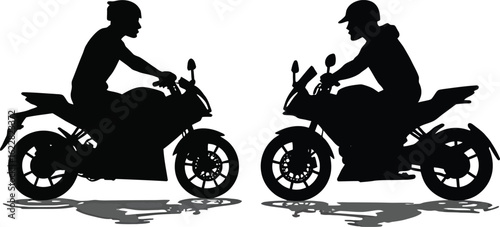Motorcycle riders on sport bikes vector silhouettes Black and white icons of people on motorbikes for racing or transport concepts