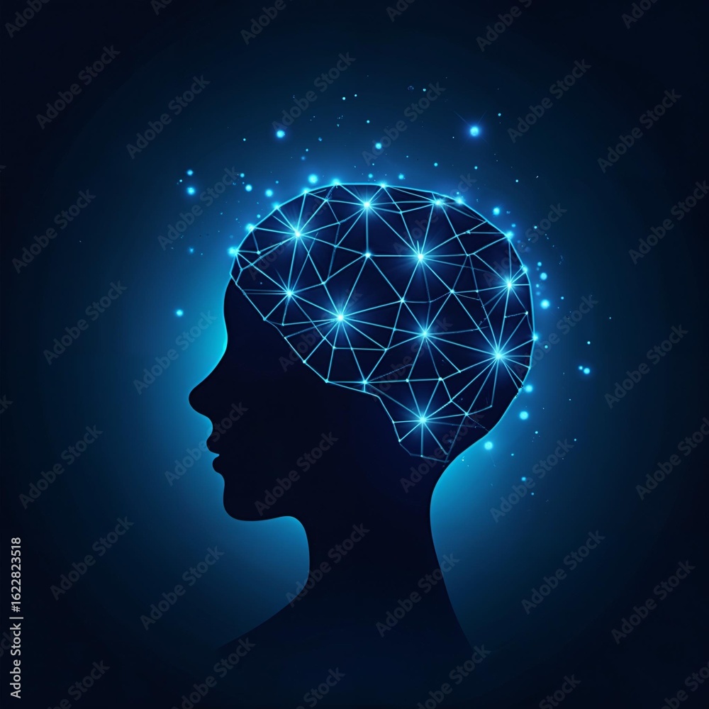 Obraz premium Silhouette of a human head with a glowing, interconnected brain network against a dark background