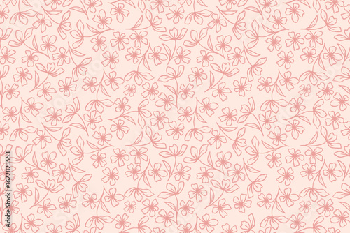 Seamless pink floral line art on pastel background. Elegant hand-drawn style for fabric, stationery, wallpaper, and romantic design themes.