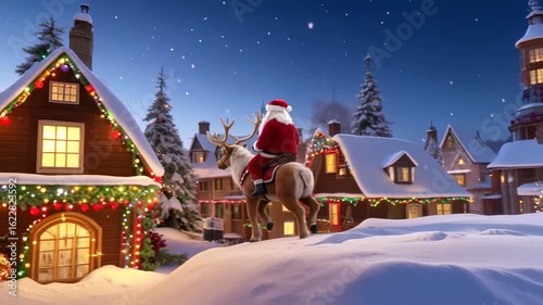 Wallpaper Mural Santa Claus riding a reindeer through a snowy village at night Torontodigital.ca