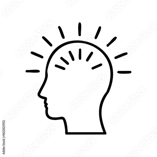 Outline of human head with radiating lines suggesting thought or enlightenment – stock vector icon in line style
