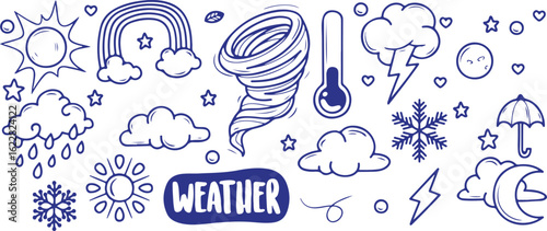 Weather Icons Doodle Set – Tornado, Thermometer, Cloud, Rain, Storm, Forecast, Climate, Vector, Graphic, Hand-Drawn, Weather, Wind, Temperature, Doodle, Cartoon, Illustration, Nature, Symbol
