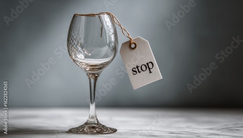 A clear wine glass with a tag reading stop suggests a pause or abstinence, highlighting the concept of moderation and self-control.