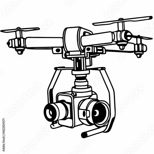 Black and white line drawing of a drone camera gimbal technology aerial photography