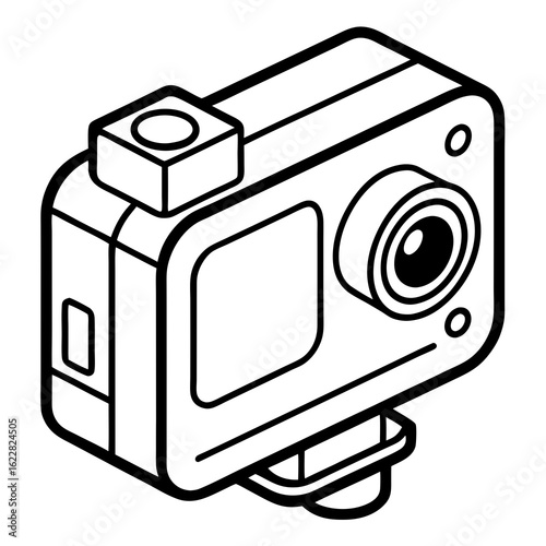 Black and white line drawing of an action camera with a lens and screen gopro video camera