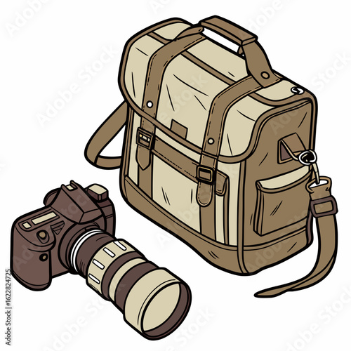 Brown camera bag and D S L R camera with lens on white background DSLR camera lens