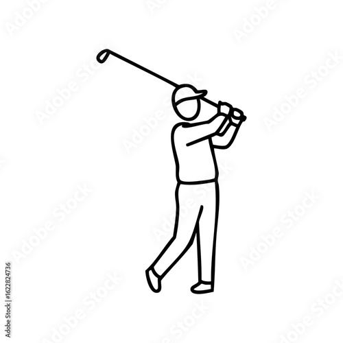 Line art of male golfer swinging club in action pose – stock vector icon in line style