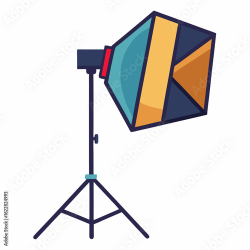 Flat illustration of a photography softbox light on a tripod stand with blue yellow and dark blue panels