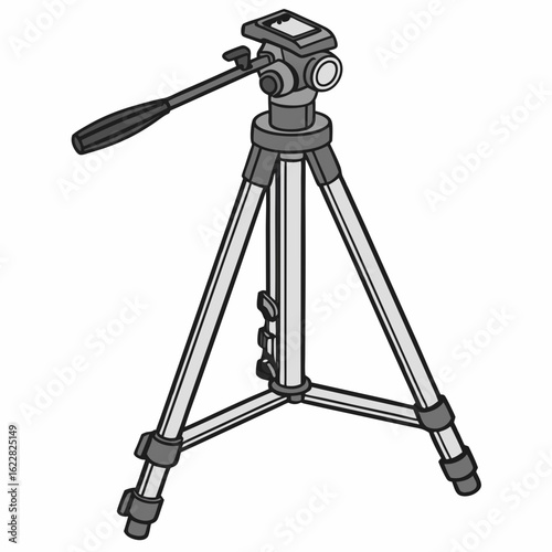 Gray tripod with black handle and head on white background camera tripod photography equipment