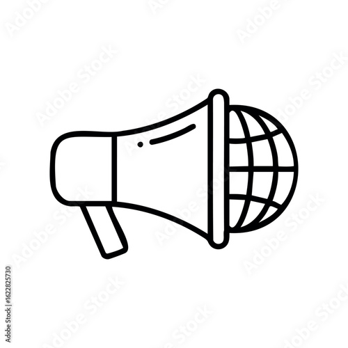 Outline of a megaphone with a globe symbolizing global communication – stock vector icon in line style
