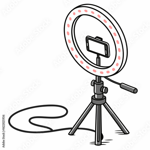 Ring light with phone holder on tripod with cable on white background lighting photography