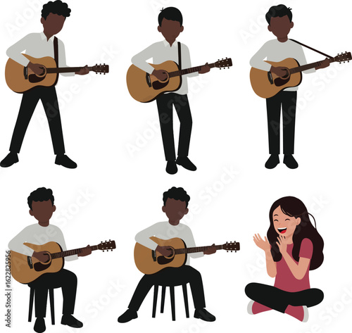 A young man plays an acoustic guitar while other musicians perform together as a band