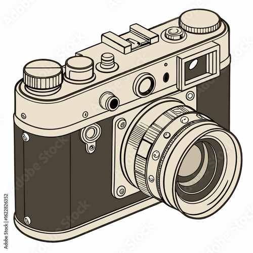 Vintage film camera with lens and hot shoe mount in sepia tones on white background vintage camera retro camera