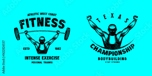 Set of emblems for fitness. Graphic design for t-shirt. Black print on blue background