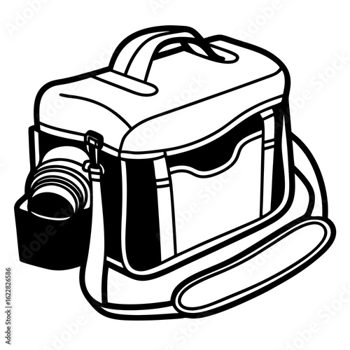 Black and white illustration of a camera bag with a lens photography equipment