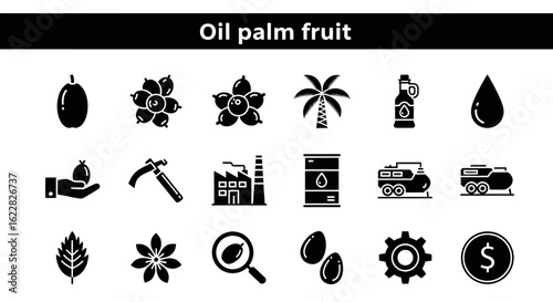 Oil Palm Fruit Icons: Solid Black Symbols for Palm Oil Production