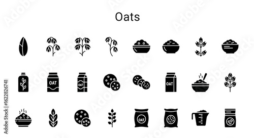 Oat Icons: Solid Black Symbols for Healthy Grains and Breakfast Food