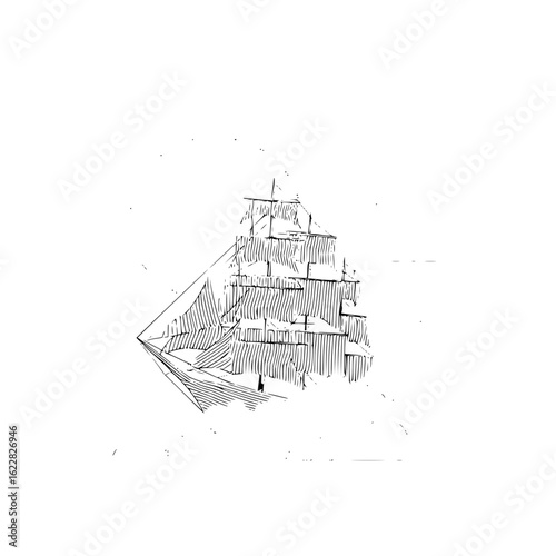 Vintage tall ship sailing vessel illustration black and white drawing of a frigate on the ocean voyage art