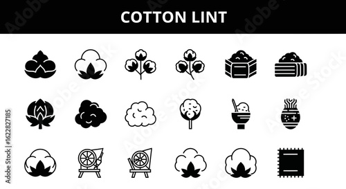 Cotton Lint Icons: Solid Black Symbols for Textiles and Agriculture