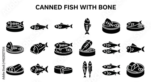 Canned Fish Icons: Solid Black Symbols for Tuna, Salmon, and Sardines