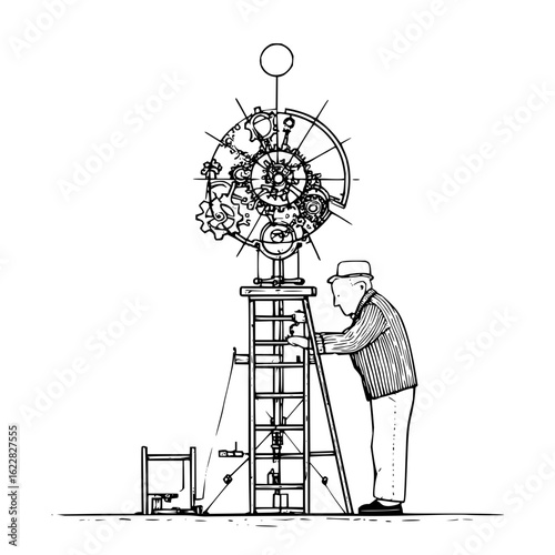A man in a hat working on a complex clock mechanism atop a tall structure with gears and intricate design
