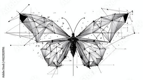 Abstract Butterfly: Geometric design combining nature and technology, black and white digital art, a unique interpretation of organic form.