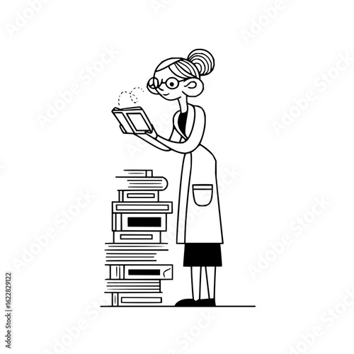 Woman in lab coat reading a book next to a stack of books in black and white tech illustration