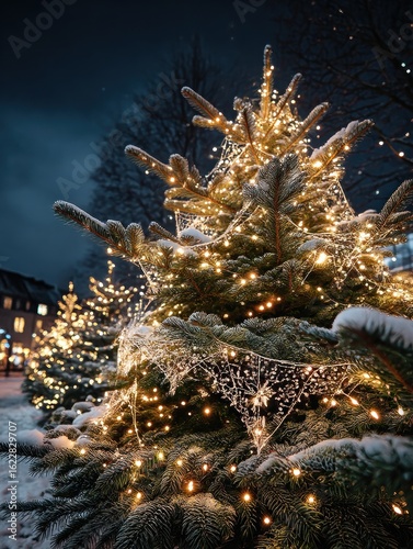 Snowy Christmas tree adorned with lights