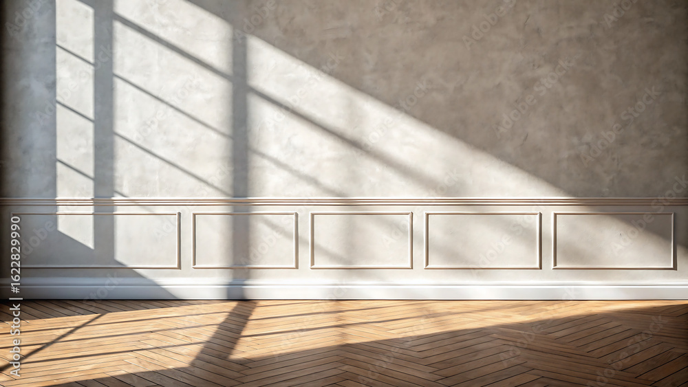 Obraz premium Elegant empty room interior bathed in warm, dramatic sunlight casting geometric shadows on textured walls
