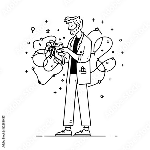 Scientist doctor researcher unraveling tangled mess problem solving concept illustration line art design