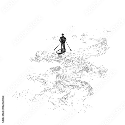 Man paddle boarding on water illustration, paddle board art, water sports drawing, monochrome artwork design
