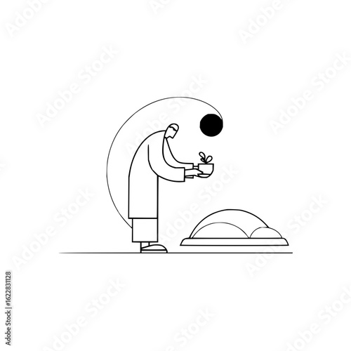 Minimalist illustration of man planting tree near grave in black and white line art vector design