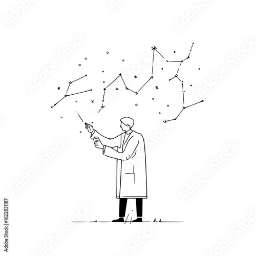 Illustration of scientist pointing at constellations astronomy research and discovery in space exploration study
