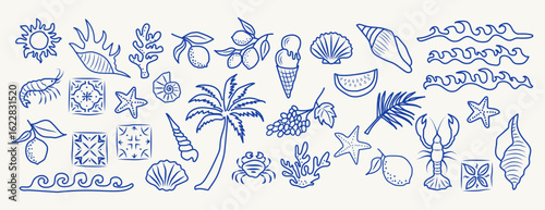 Hand drawn summer illustration set. Italian dolce vita. Minimalist line art. Palm tree, lemon, sun, sea, seashells in doodle sketch style. Drawing ink. Concept vacation ocean, travel. Vintage clipart