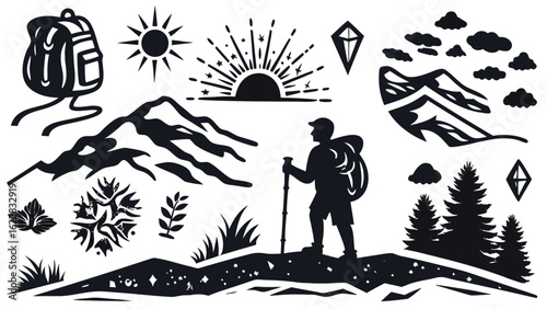 Outdoor Hiking and Nature Silhouette Vector Set – Mountains, Sunrise, Backpack, Forest Trees, Explorer, Birds, Clouds, Plants – Adventure and Wilderness Travel Clipart