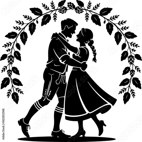 Black silhouette vector of a couple dancing a lively polka 