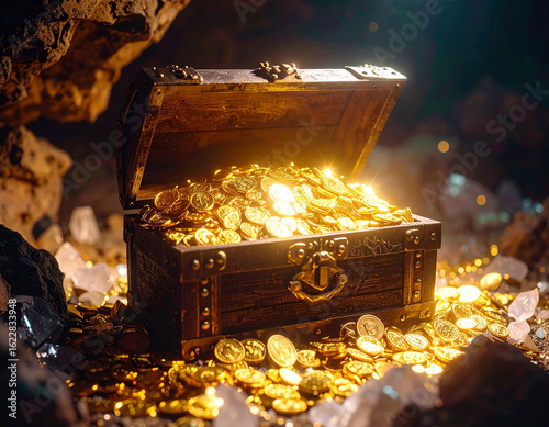 Ancient Treasure Chest Filled with Gold and Jewels in Cave

