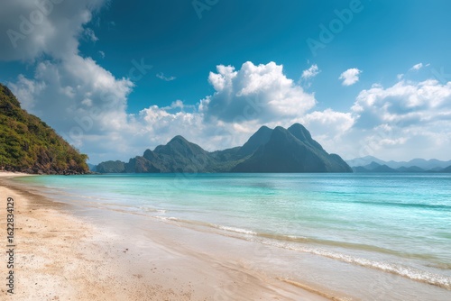 Fototapeta Naklejka Na Ścianę i Meble -  Beautiful beach with turquoise water and tropical mountains in the background